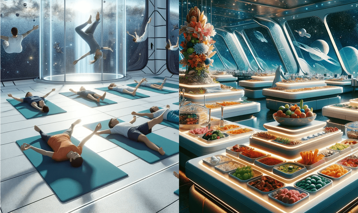 Images of zero-gravity yoga and space buffet